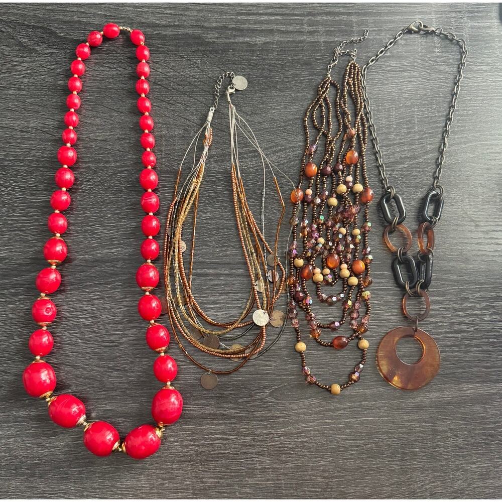 Lot of 4 Vintage Statement Necklaces Reds Browns Beaded Layered